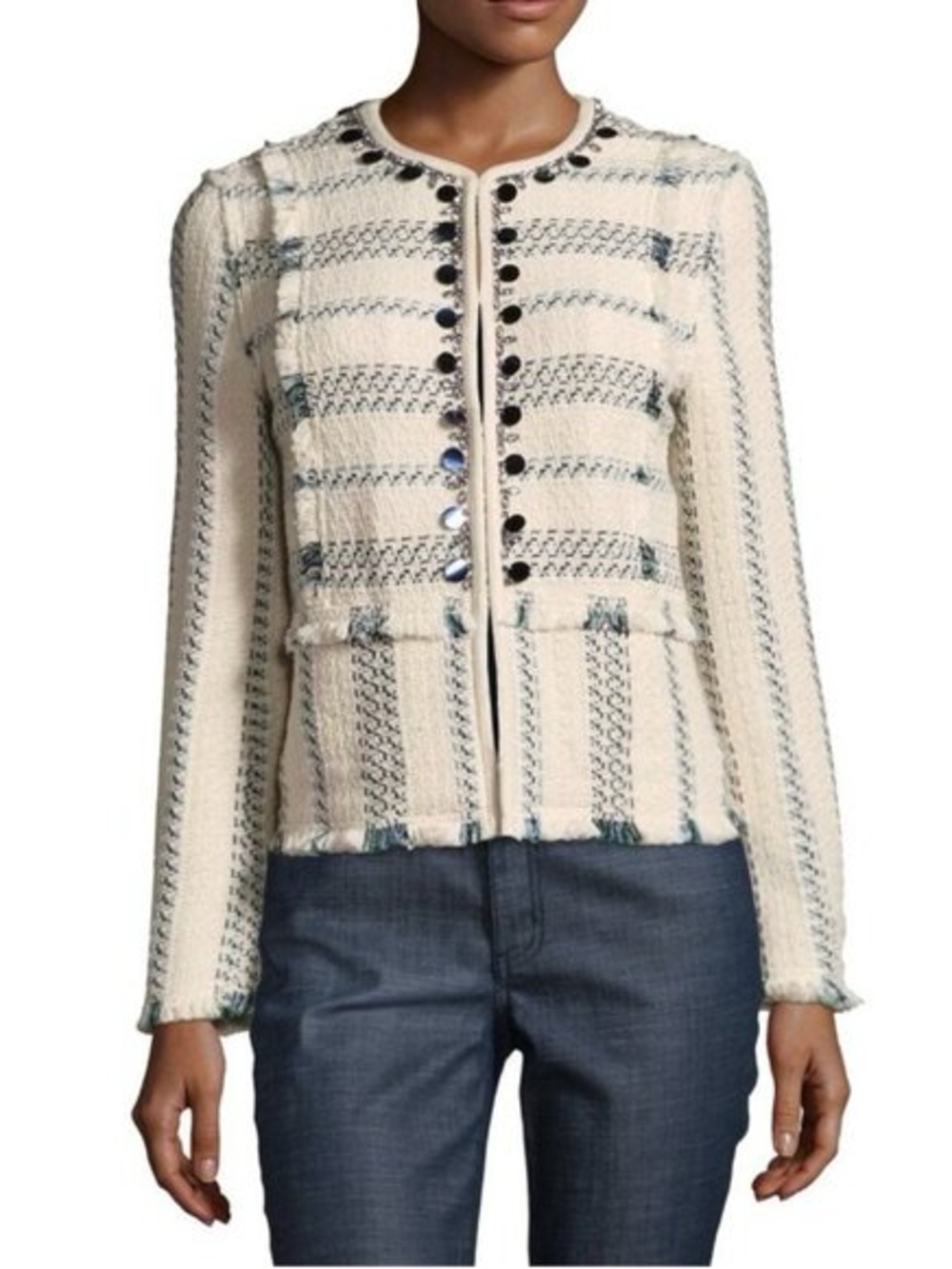 Tory Burch Abbott Jacket 2 Ivory Blue Striped Tweed Fringe Embellished Blazer